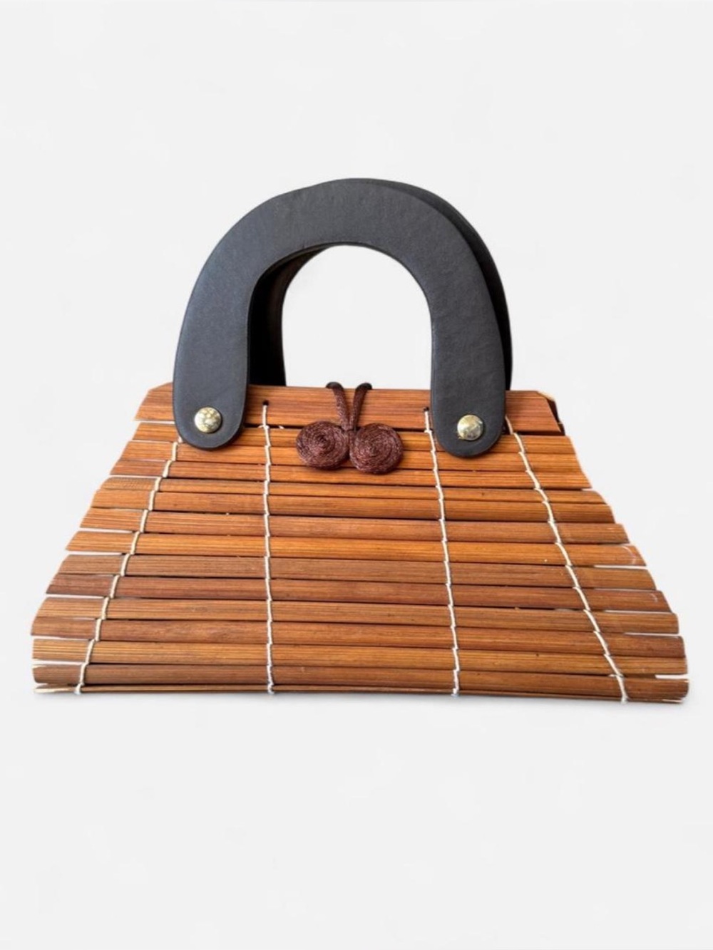Vintage Brown Bamboo Handbag with White Stitching and Dark Brown Top Handles